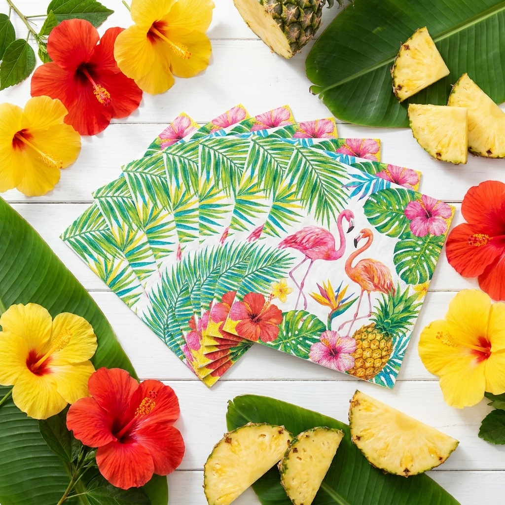 Tropical napkins fanned showing vibrant print with hibiscus flowers and pineapple accents