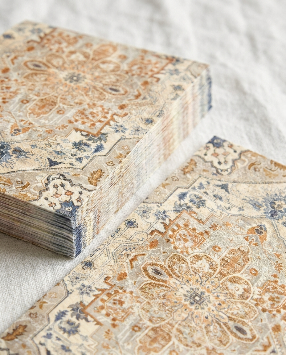 Close-up of orange and cyan boho paper napkins showing rustic artisan print pattern