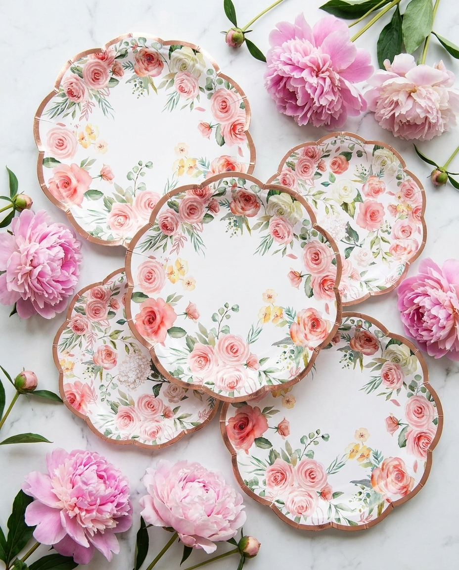Pink floral plates fanned out in two sizes with pink peonies on white surface