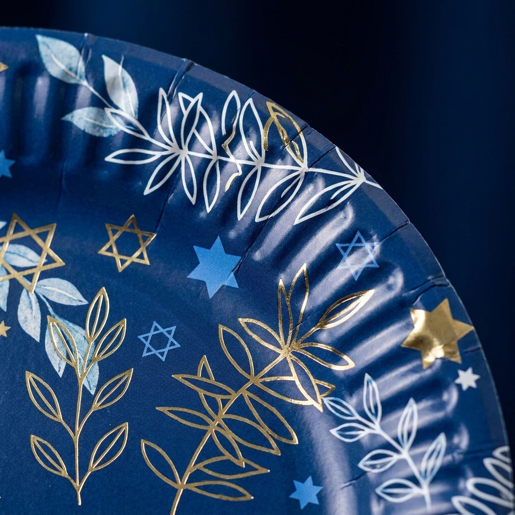 Close-up of Hanukkah paper plate rim showing festive blue and gold pattern