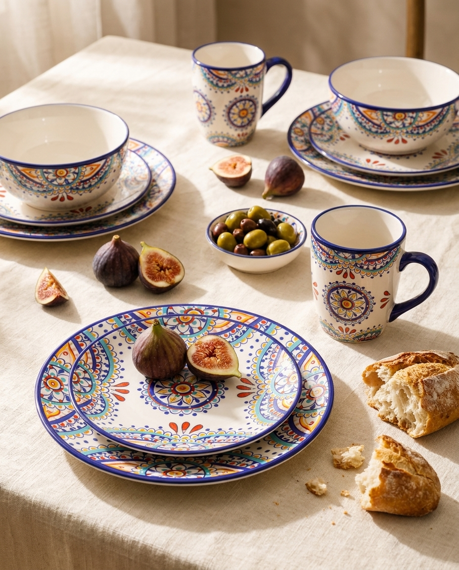 Mediterranean ceramic plate set with figs, olives and bread on sun-drenched linen tablecloth