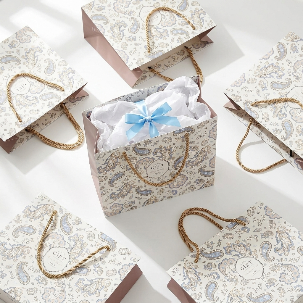 Sophia botanical-print white kraft gift paper bags with flat brown handles styled on white surface, one bag filled with tissue paper and ribbon