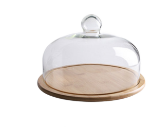 Glass dome fruit server with bamboo base on white background — product packshot