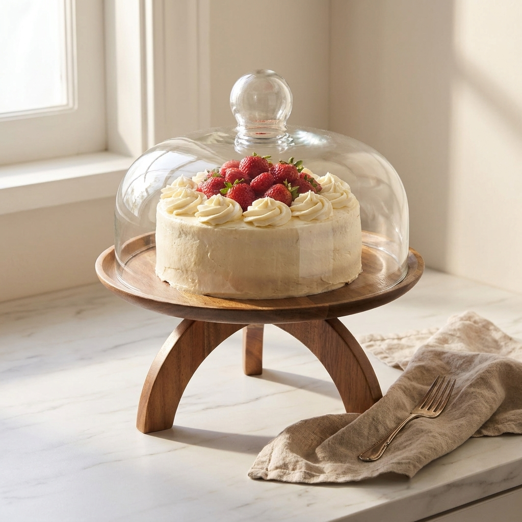 Acacia wood cake stand with glass dome displaying a frosted strawberry layer cake on a marble surface