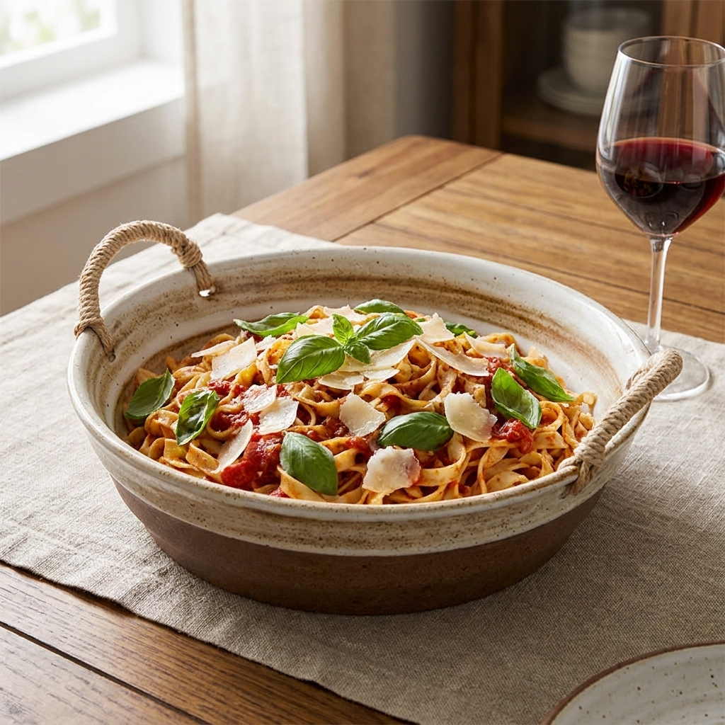 Hemp rope stoneware serving plate filled with pasta and fresh basil on a linen placemat with a glass of wine