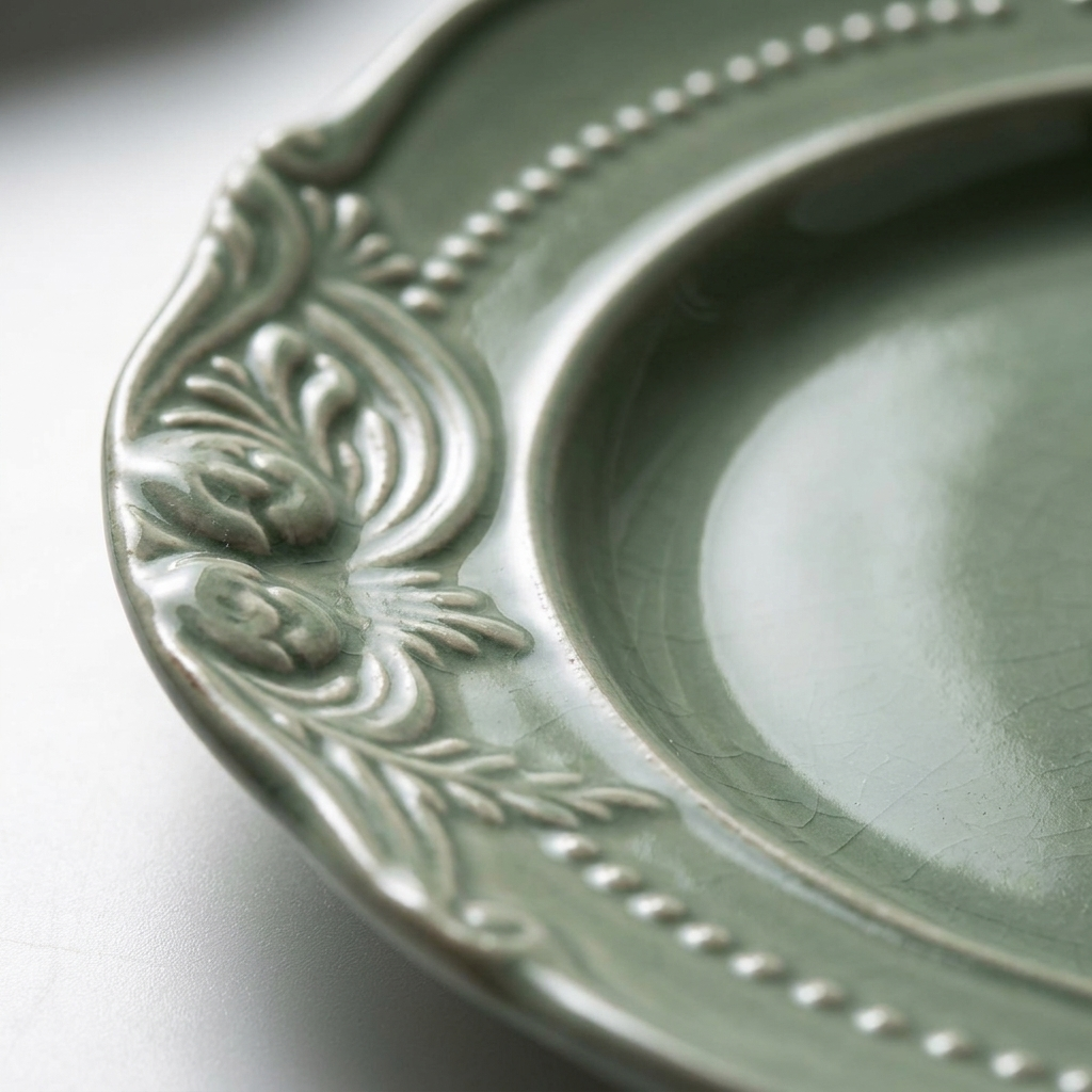 Close-up of raised botanical relief texture on ceramic bowl rim