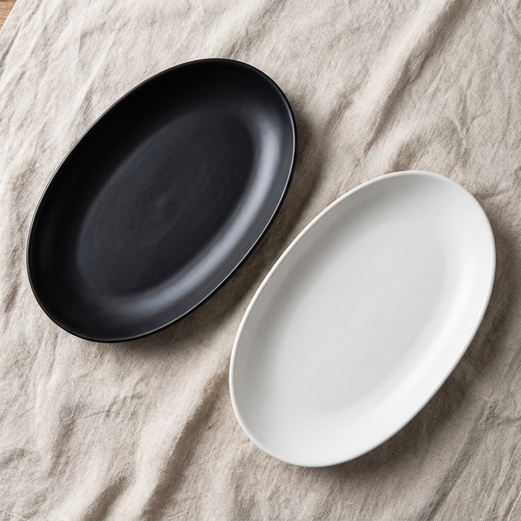 Matte black and matte white oval serving plates side by side on linen cloth