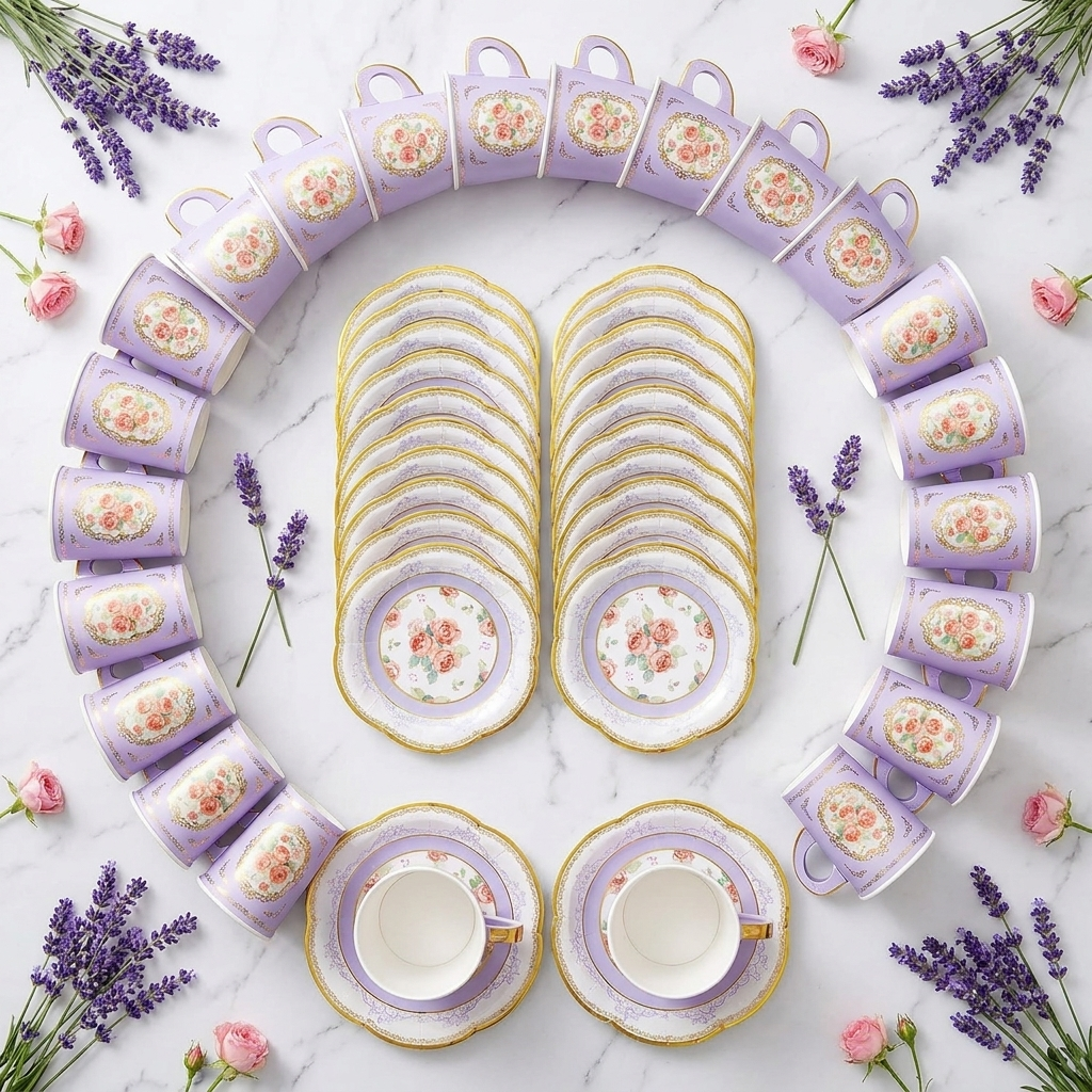 Flat-lay overhead of 36-piece purple floral disposable tea cup and plate set on white marble with lavender flowers