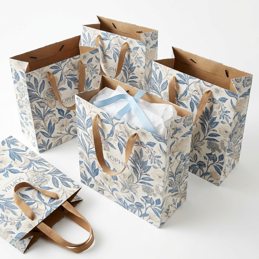 Six Sophia botanical-print white kraft gift bags with flat brown handles fanned upright on white surface showing the printed design on each bag