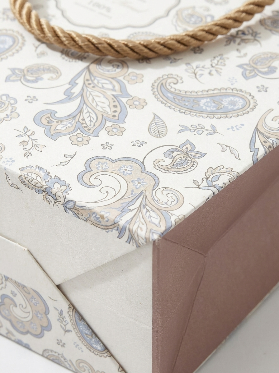 Close-up macro of Sophia botanical-print white kraft bag surface showing crisp floral and leaf illustrations and sturdy paper quality