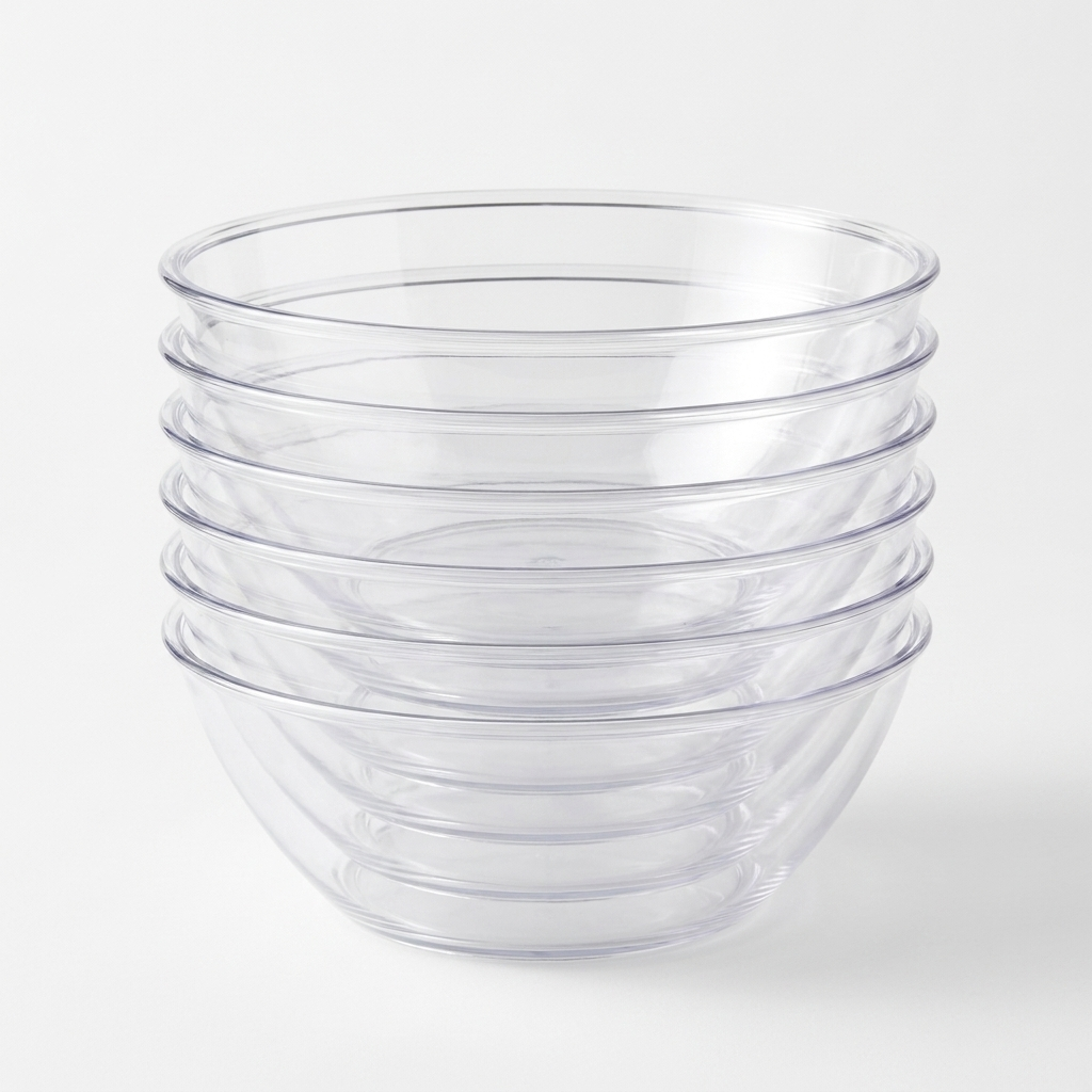 Set of 6 clear plastic 48oz serving bowls stacked and nested together — product-only white background shot showing the complete set