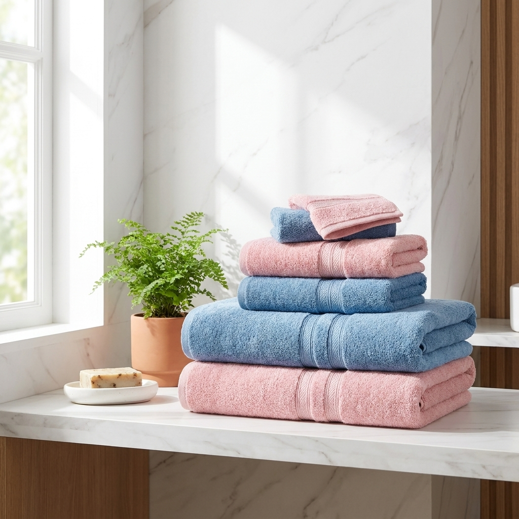 Thick plush pink and blue cotton bath towels and face towels stacked on marble shelf in luxury spa bathroom