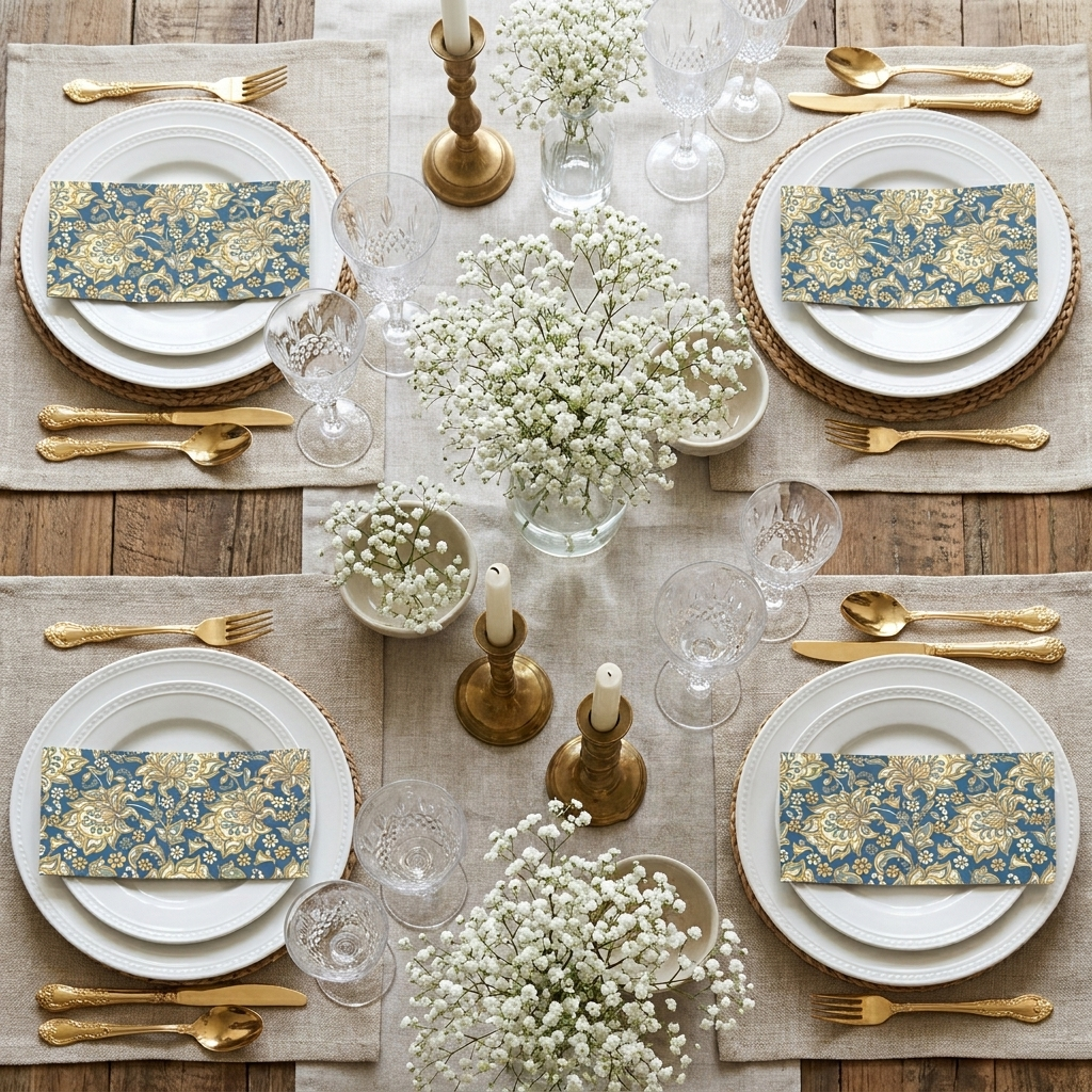 William Morris floral paper napkins styled in an elegant vintage tablescape with gold cutlery and linen runner