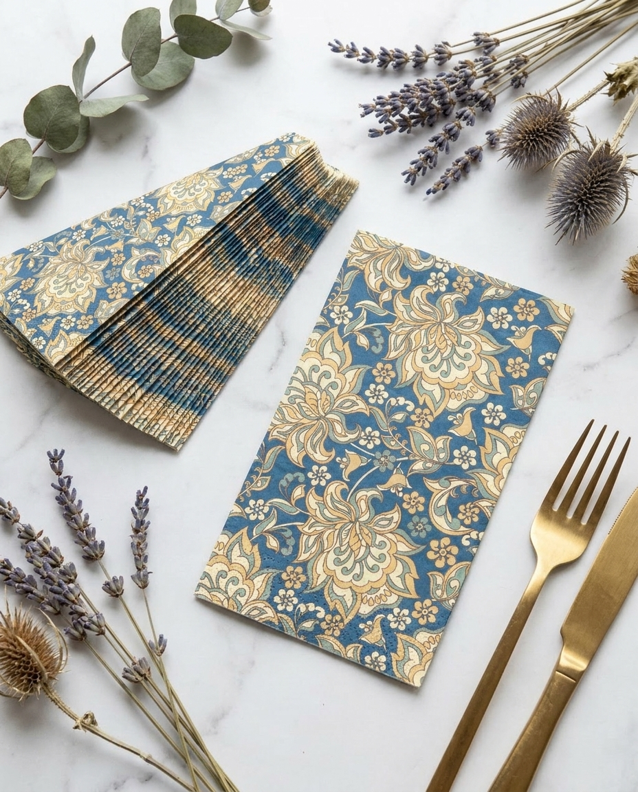 William Morris paper napkins fanned flat-lay showing intricate botanical floral pattern on white marble surface