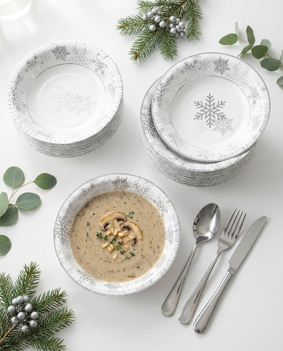 Stack of snowflake silver disposable paper bowls showing elegant snowflake design, overhead flat-lay with silver cutlery