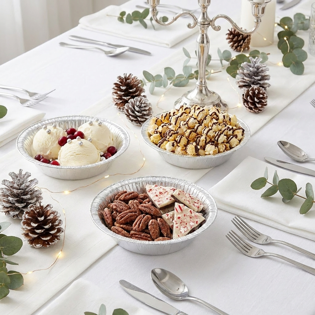 Silver snowflake paper bowls styled in an elegant winter holiday table setting with ice cream, pinecones and fairy lights