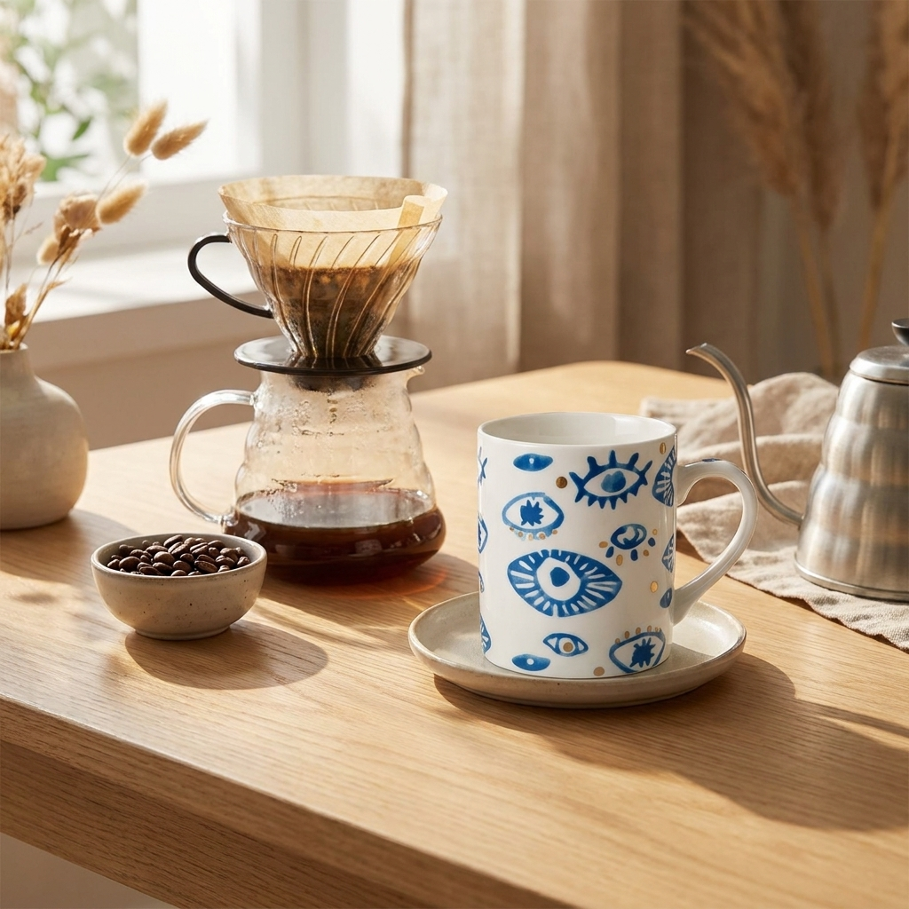 Artistic Eye Ceramic mug with bold eye motif on a wooden tray with morning coffee setup