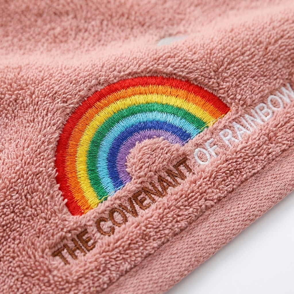Close-up of rainbow stitch embroidery detail and plush cotton loops on pink-gray hand towel