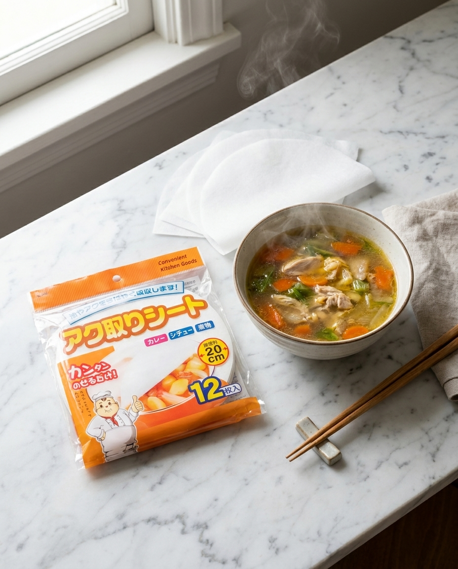 Pack of 12 oil-control soup filter papers overhead flat-lay view on marble