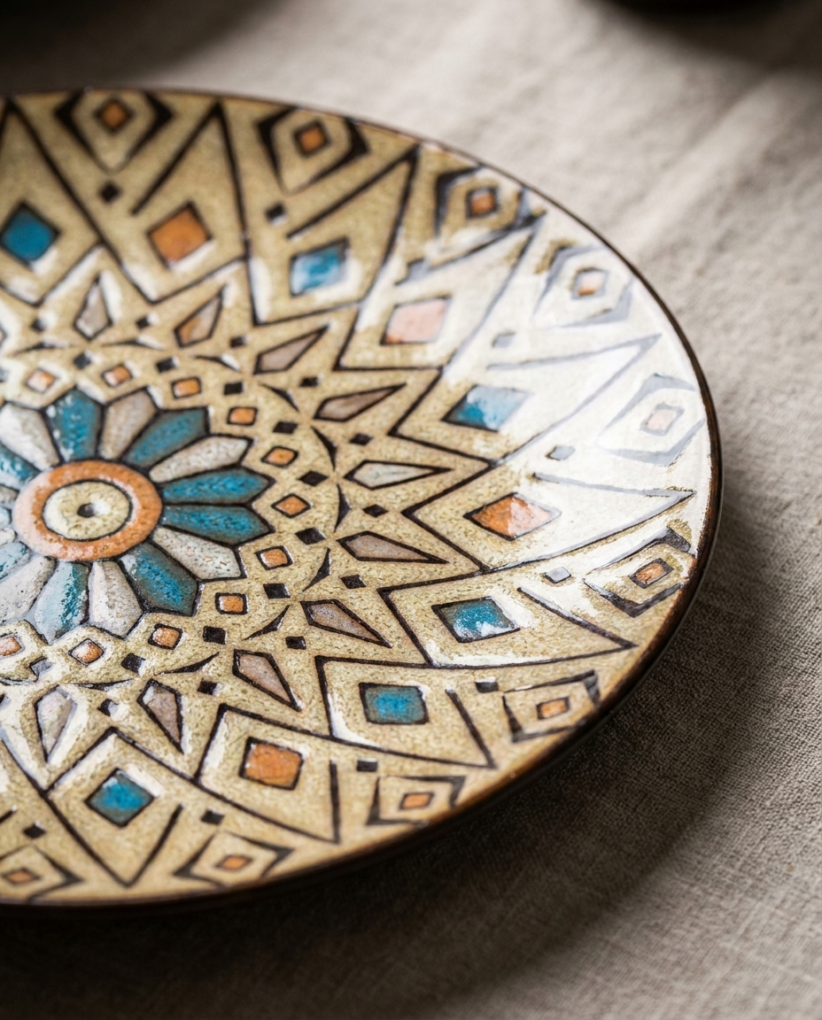 Close-up detail of underglaze botanical flower pattern on artisan ceramic plate rim