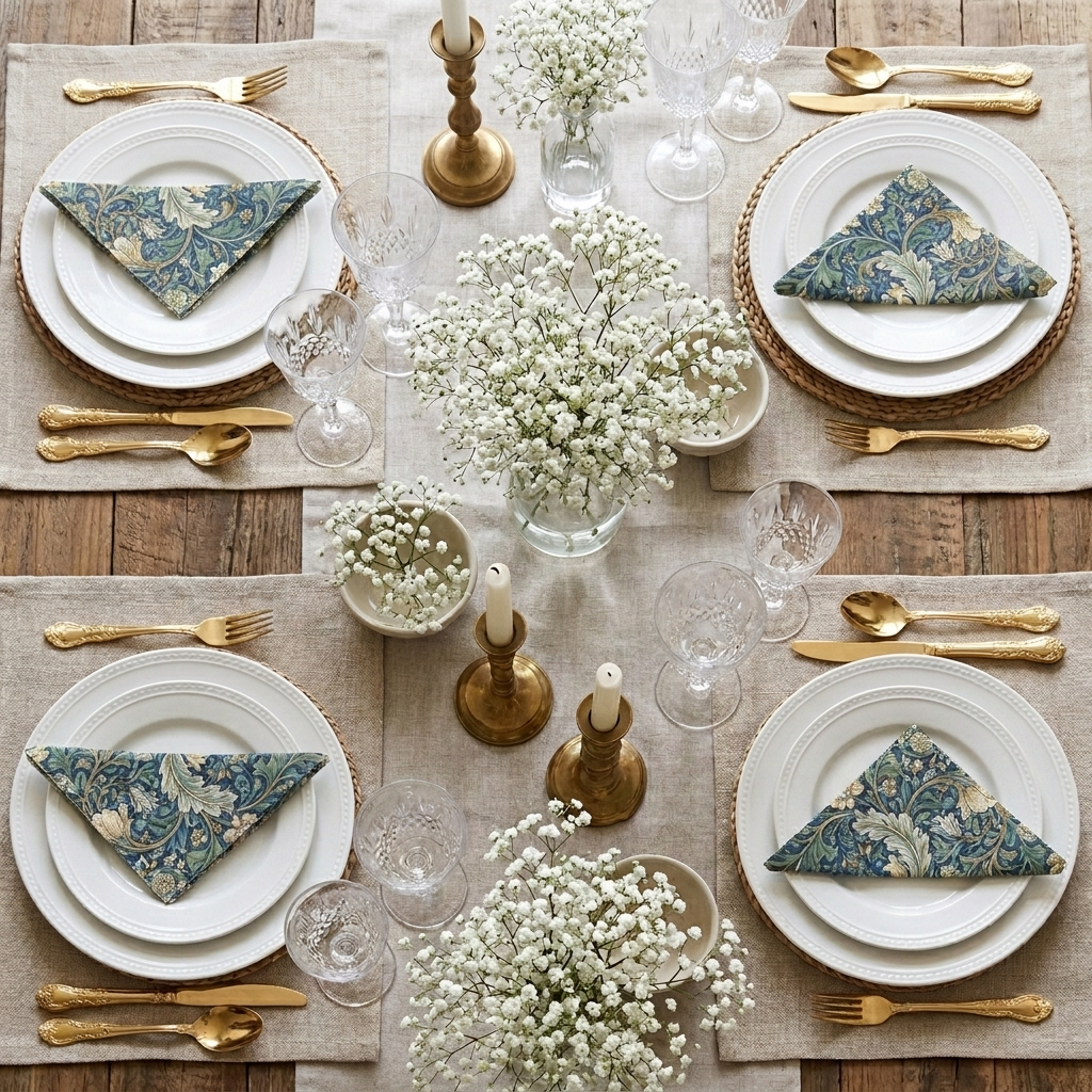 William Morris floral paper napkin folded on white dinner plate in elegant place setting, editorial tabletop shot