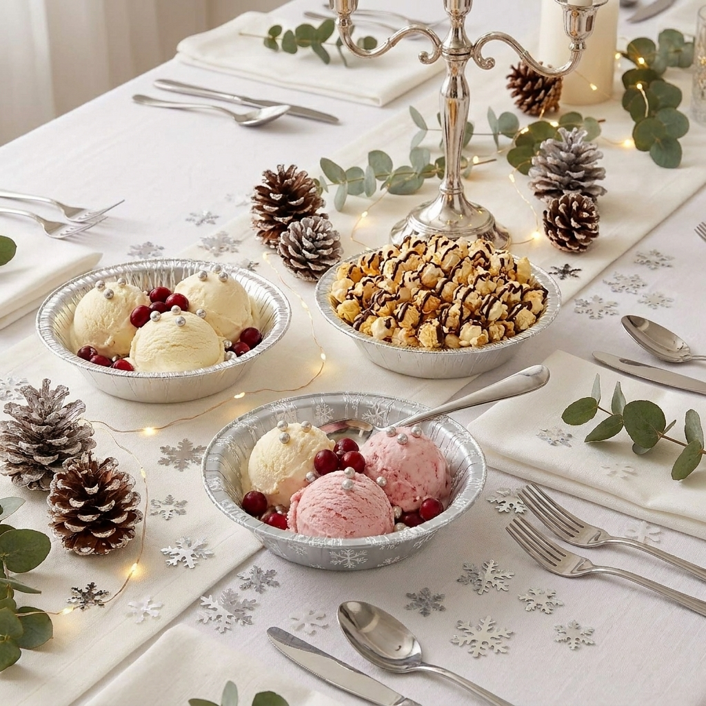 Silver snowflake paper bowl filled with ice cream scoops, festive holiday in-use food photography