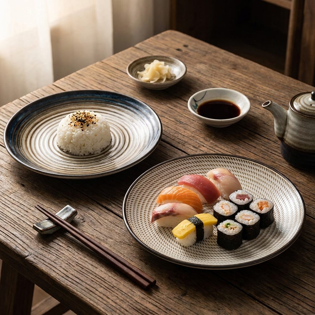Japanese textured glazed ceramic plates styled with sushi and rice on a dark wooden table