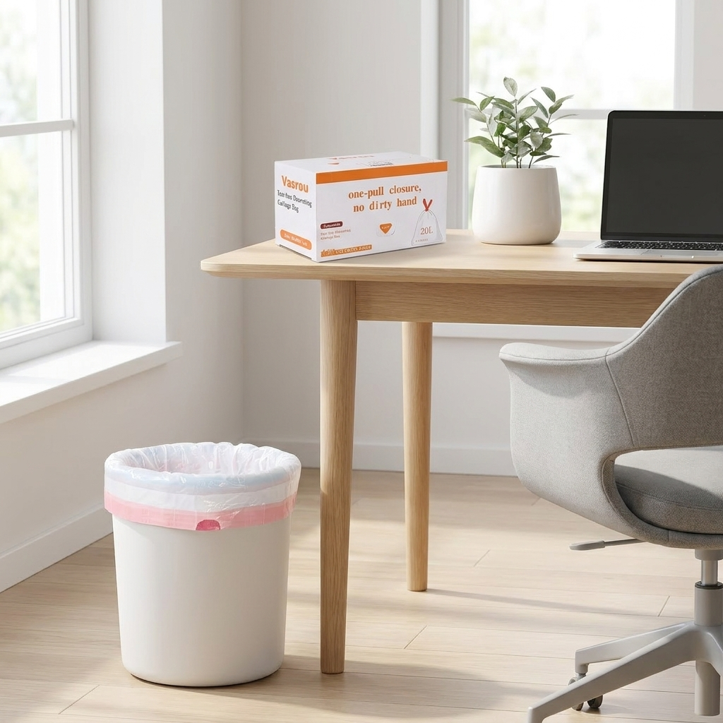 Small office trash can lined with a white drawstring trash bag, bag roll on a wood desk