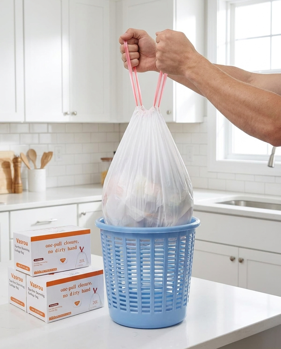 Hands lifting a full white drawstring trash bag from a small kitchen bin showing strength