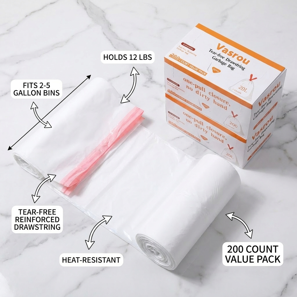 Flat-lay spec callout for 200-count 4-gallon drawstring bags: tear-free, heat-resistant, 12 lb load