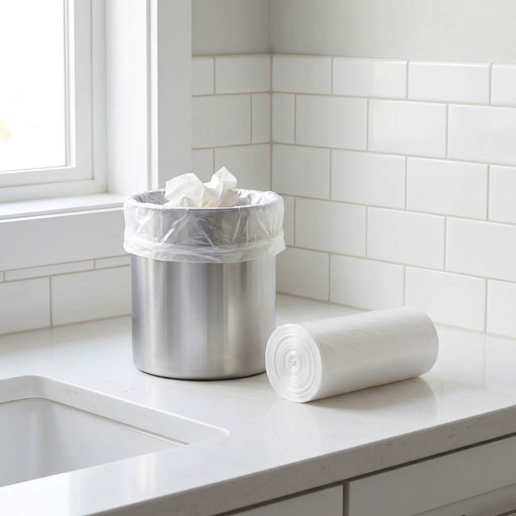 Clear small trash bag lining a round bathroom bin, bag roll on white countertop beside it