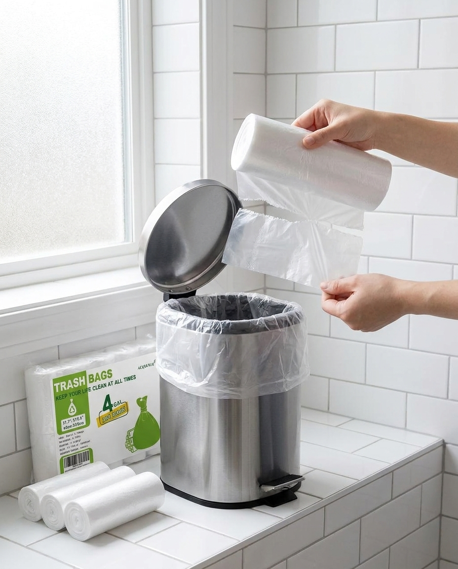 Hands tearing a clear trash bag off the perforated roll to line a small bathroom bin