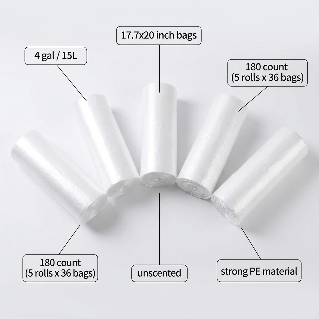 5 rolls of clear 4-gallon trash bags fanned out showing 180-count 5-roll pack