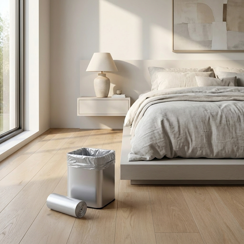 Silver non-transparent small trash bag lining a square bin in a modern bedroom