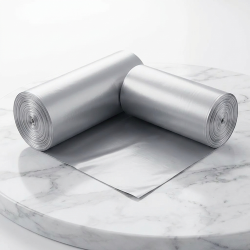 Roll of silver opaque 4-gallon trash bags on white marble with one bag partially unrolled