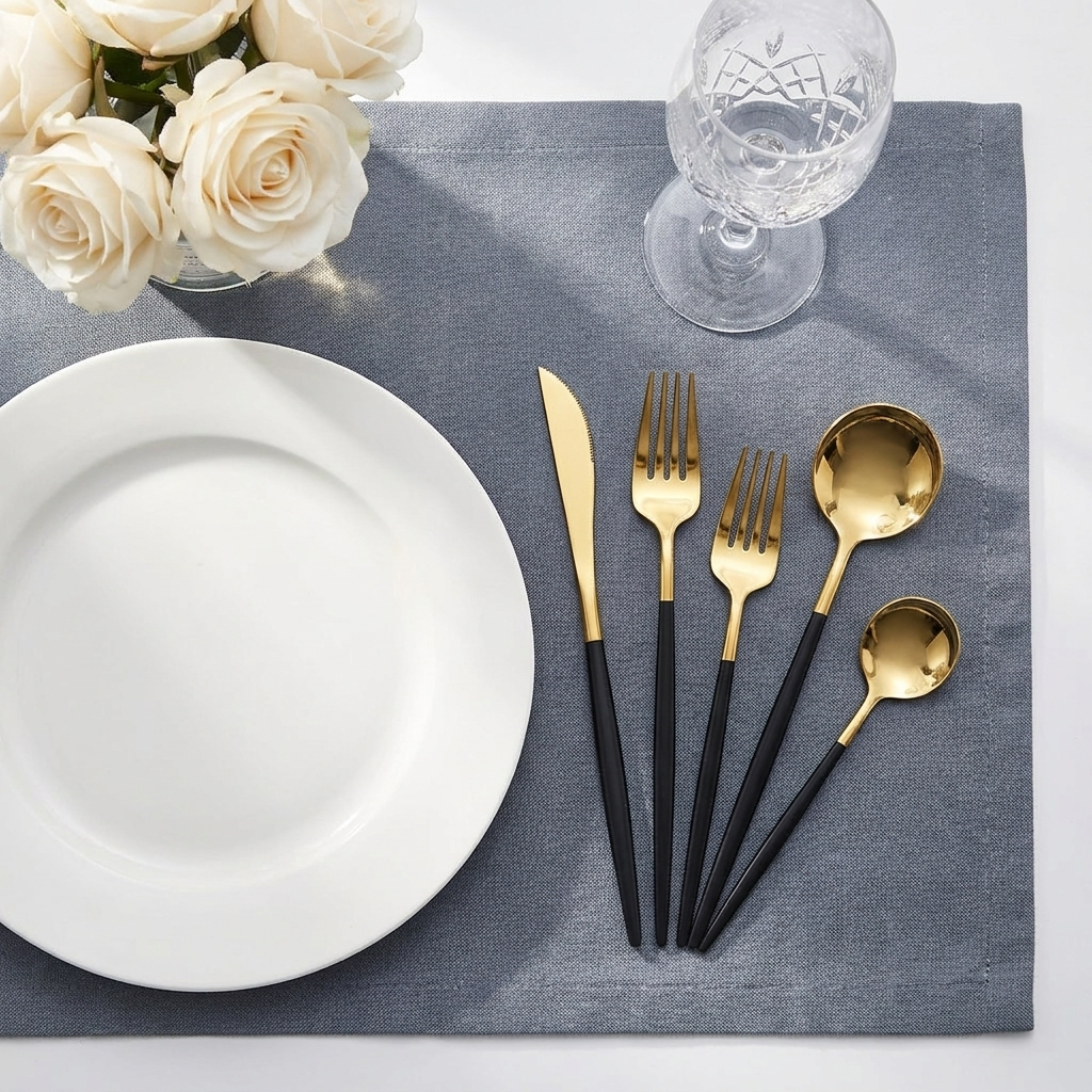 Gold and black handle 24-piece flatware set in an elegant formal dinner table place setting with white plate and crystal wine glass