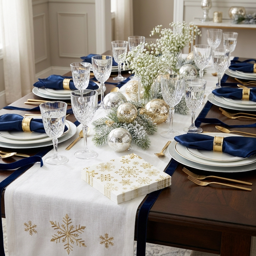 100 gold and white snowflake Christmas cocktail napkins styled on festive holiday table with gold cutlery, crystal glassware, pine sprigs and ornaments