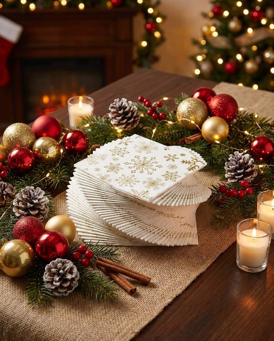 Stack of 100 Christmas cocktail napkins fanned out on holiday table with candles, pine cones and festive Christmas decorations